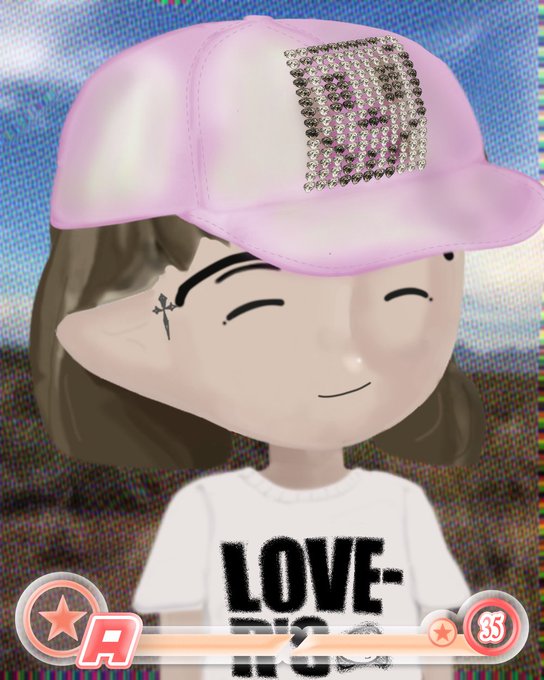 A stylized digital avatar with a pink cap featuring a rhinestone "Milady" design smiles softly while wearing a "LOVE-ROSES" t-shirt, matching the Milady #8586 NFT sale. The image's iridescent background and "A" rating badge (33) reflect the pixelated, glitch-art aesthetic characteristic of the Milady Maker collection.