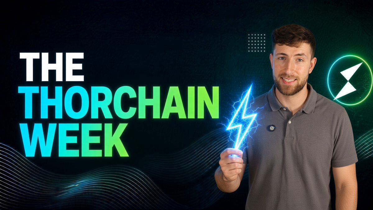 A YouTube thumbnail titled "THE THORCHAIN WEEK" featuring a man holding a lightning bolt graphic, with a cryptocurrency logo in the background.