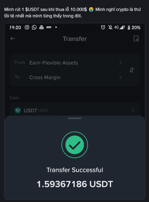 The image shows a crypto app's "Transfer Successful" screen confirming 1.59367186 USDT moved from "Earn -Flexible Assets" to "Cross Margin"—the final remaining balance after losing $10,000. The post reflects on the painful reality of seeing such a small transfer as the last of a once-larger trading account.