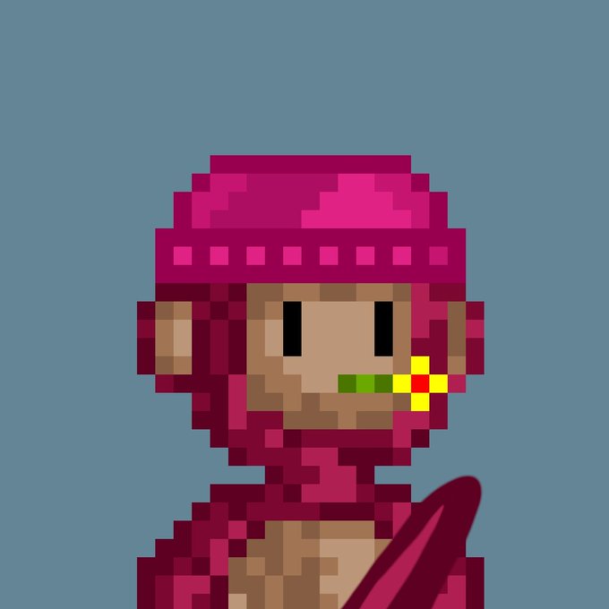 A pixel art character wearing a magenta hood holds a yellow rose in their mouth against a blue background, with the bullish "manifest" sentiment visually reinforcing the post's optimistic NFT theme.