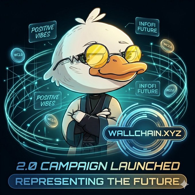 The image features a cartoon duck wearing glasses, standing against a black background with blue lines. The duck has a positive attitude and appears to be promoting an innovative product or campaign related to social media. The text at the bottom of the image reads "Happy Tuesday, everyone! Get ready to dive into the future because @wallchain 2.0 is officially LIVE! Discover innovation and positive vibes. Post and get rewarded quacks.app/?ref=mildsandy ... Select your rewards program."