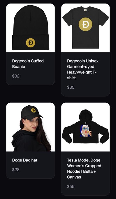 The image shows a merchandise store page featuring Dogecoin-branded apparel, including a Dogecoin Cuffed Beanie ($32), Dogecoin Unisex Garment-dyed Heavyweight T-shirt ($35), Doge Dad hat ($28), and Tesla Model Doge Women's Cropped Hoodie ($55), all displaying the iconic "Ð" Dogecoin symbol—promoting tangible goods purchasable with $DOGE cryptocurrency.