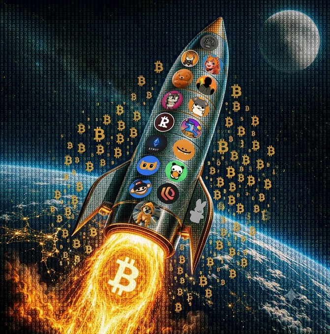 A digital illustration shows a rocket covered in various meme and cryptocurrency logos (including Bitcoin) blasting off from Earth into a starry sky filled with Bitcoin symbols and binary code.