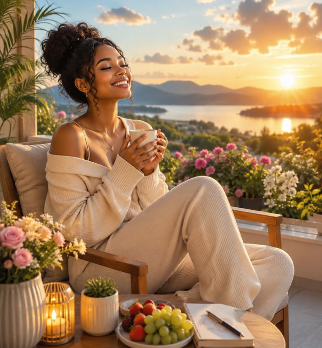 A woman with curly hair sits on a balcony enjoying a cup of coffee at sunset, with a stunning view of a lake, mountains, and blooming flowers around her.