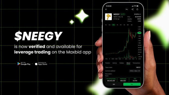 A promotional graphic for $NEEGY announcing its verification and availability for leverage trading on the Maxbid app, with Google Play and App Store links.