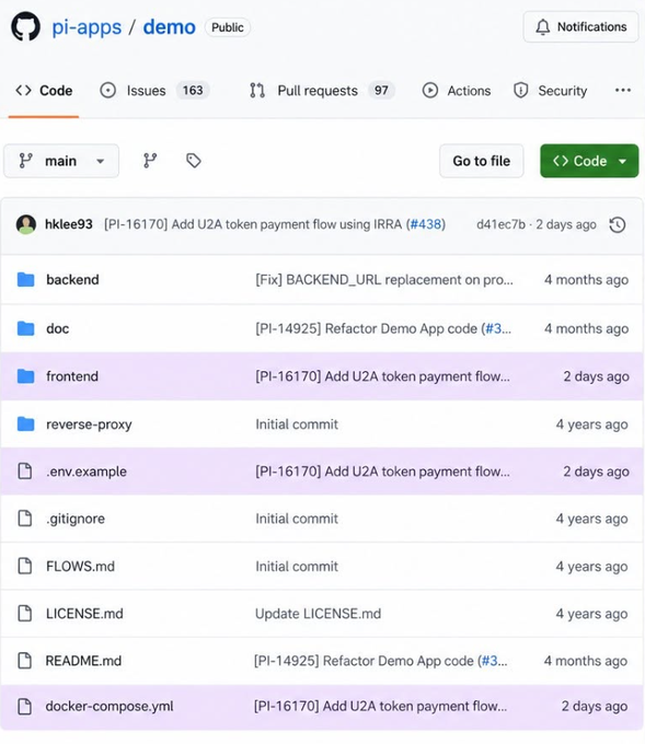 A screenshot of the Pi Apps demo GitHub repository shows a recent commit titled "[PI-16170] Add U2A token payment flow using IRRA (#438)" by hklee93, suggesting new technical groundwork tied to the Pi ecosystem's next phase.