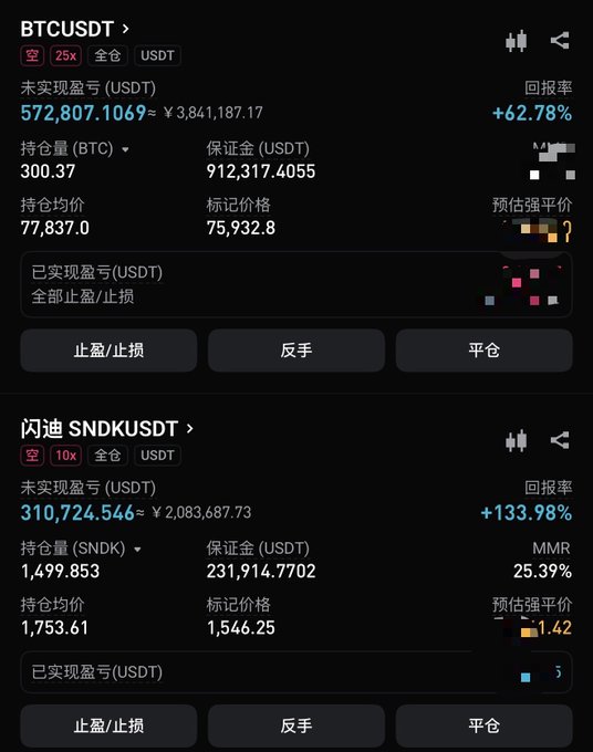 Trading interface showing BTCUSDT and SNDKUSDT positions, both with significant unrealized profits: BTCUSDT up 62.78% with 300.37 BTC held, and SNDKUSDT up 133.98% with 1,499,853 SNDK held.