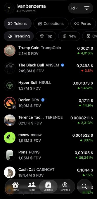 A mobile app screenshot showing a crypto trading profile for 'ivanbenzema' with 49 followers, displaying a trending list that includes Trump Coin, The Black Bull (ANSEM), Hyper Bull (HBULL), Derive (DRV), Terence Tao, meow, Pons, and Cash Cat with their prices and percentage changes.