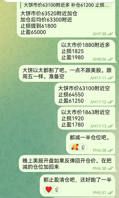 A screenshot of a Chinese-language WeChat trading chat shows messages detailing Bitcoin (大饼) and Ethereum (以太) position adjustments, with stops set around 61800-64500 and 1825-1920 respectively, before a final message at 5:57 PM celebrating taking profit and noting the trade "still ran away by half." The messages reflect the poster's account of being faked out by a morning breakout, cutting losses, shorting the market, and closing out positions for profit by day's end.