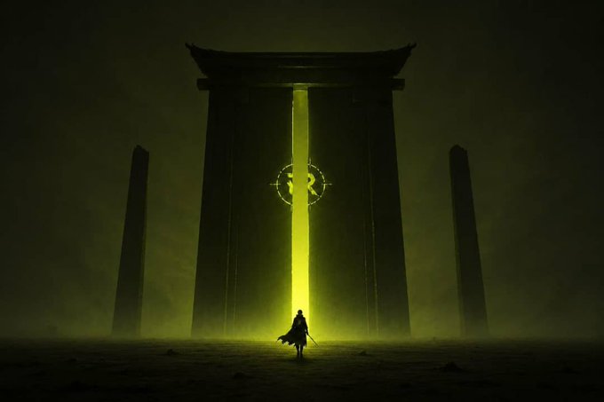 Dark, atmospheric digital artwork showing a lone cloaked figure standing before a massive glowing green torii gate with a symbol above it, evoking a Doom-inspired or ominous sci-fi/fantasy scene.