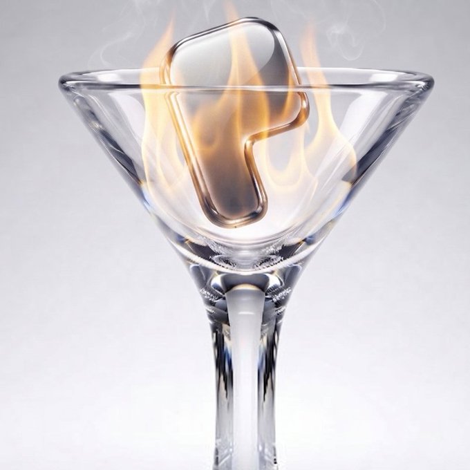 A stylized 3D render of a martini glass containing a burning metallic Facebook-style 'f' logo engulfed in flames.