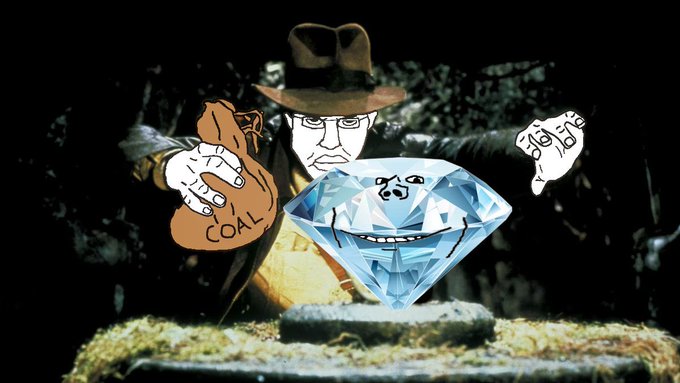 A man in a fedora holds a bag labeled "COAL" while standing behind an anthropomorphized diamond with a mischievous grin, referencing the phrase "diamonds are made under pressure" as a clever nod to Chainflip's transformation from a "coal" blockchain to a polished gem.