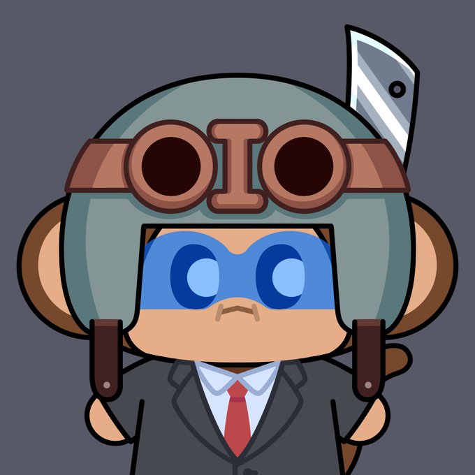 A cartoon character wearing a pilot's helmet with goggles, a blue domino mask, and a business suit with a red tie, with a knife visible behind their head.