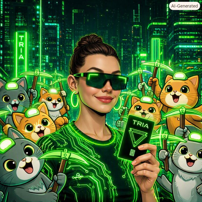 An AI-generated image labeled 'AI-Generated' featuring a woman in green circuit-board clothing and sunglasses holding a card with 'TRIA', surrounded by cartoon cats with glowing green pickaxes in a neon green cyberpunk city setting.