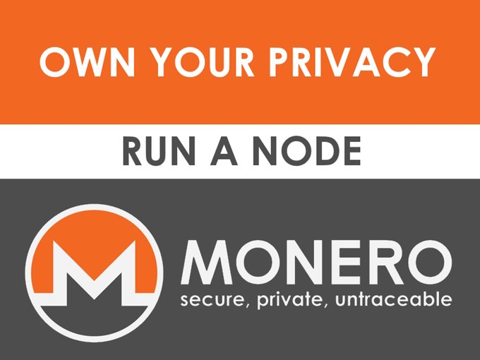The image is a promotional graphic for Monero with text reading "OWN YOUR PRIVACY" on an orange banner, "RUN A NODE" on a white banner, and the Monero logo with the tagline "secure, private, untraceable." The graphic reinforces the post's message by urging users to personally run a node rather than rely on third-party infrastructure, emphasizing Monero's core values of security, privacy, and untraceability.
