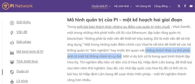 The image shows the Vietnamese Pi Network whitepaper page discussing "Mô hình quản trị của Pi – một kế hoạch hai giai đoạn" (Pi's governance model - a two-phase plan), with a highlighted passage referencing Ethereum's Vlad Zamfir, who argues that designing governance systems a priori—before observing the actual challenges arising from a specific political system—is very difficult. This visually supports the post's commentary on Protocol 27 and Pi's emphasis on learning from Ethereum's governance challenges.