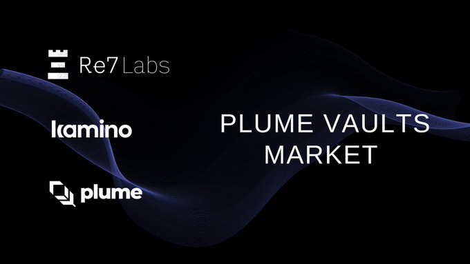 The image is a sleek black promotional graphic featuring a flowing blue wave design, displaying logos for "Re7 Labs," "Kamino," and "Plume" alongside the text "PLUME VAULTS MARKET," visually representing the launch of Plume Vaults' first Kamino market curated by Re7 Labs.