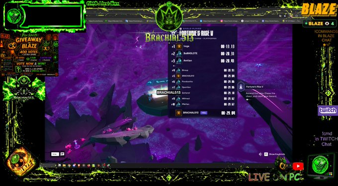 A live stream screenshot from a BLAZE broadcast featuring a game called "Fortune's Rise" with the player "BRACHIALIST" displayed on the leaderboard, surrounded by green decorative overlays and a giveaway banner.