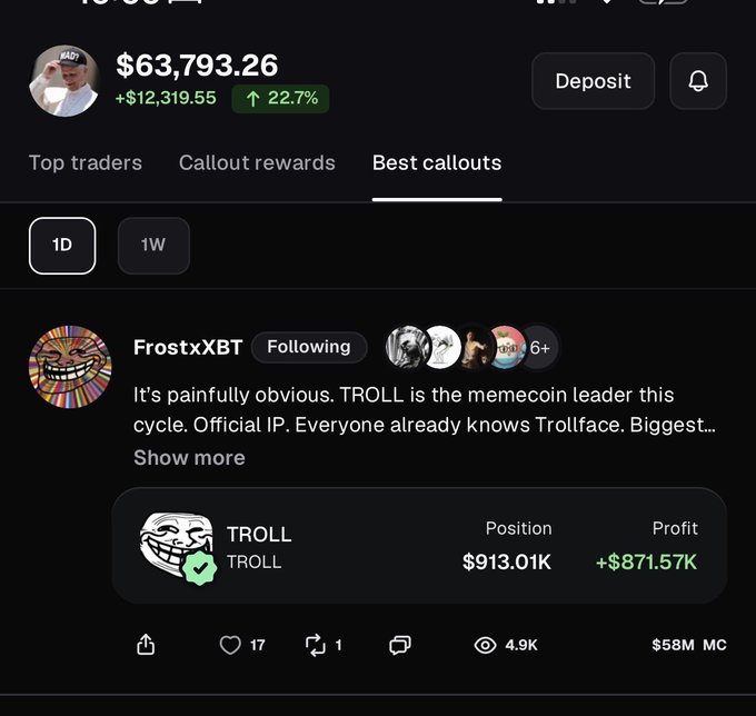 A crypto trading app displays a portfolio worth $63,793.26 (up $12,319.55 or 22.7%), with a featured "Best callouts" post from user FrostxXBT highlighting TROLL as "the memecoin leader this cycle," showing a position of $913.01K and profit of $871.57K on the $58M MC token. The image directly illustrates the post's claim, showcasing FrostxXBT's top-ranked callout and substantial TROLL profits.