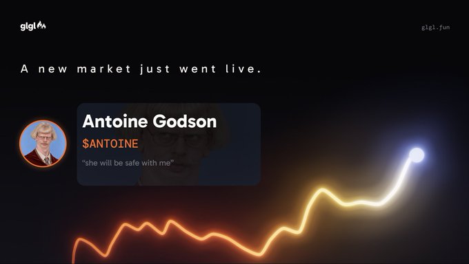 A digital graphic with the text "A new market just went live." above a profile labeled "Antoine Godson" ("she will be safe with me"), alongside an upward-trending glowing orange line chart. Logos for "gigl.fun" appear in the corners.