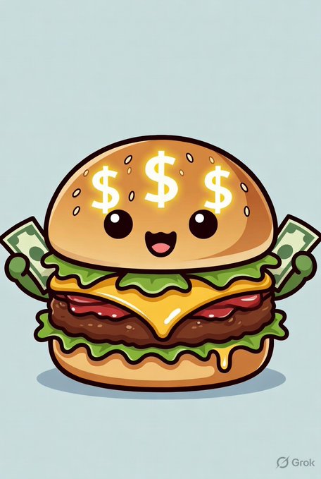 A cartoon kawaii burger with dollar signs in its eyes holds money on either side, indicating it's making lots of cash. Created by Grok.
