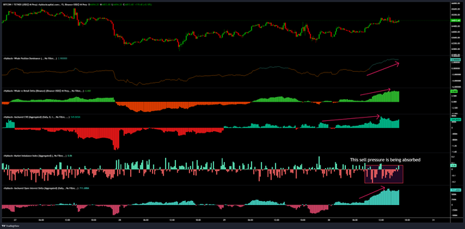A TradingView chart of BTC/USD on a 1-hour timeframe displays multiple momentum indicators (MII, Whales, Volume, Market Imbalance, and HA Delta) showing rising bullish divergence and climbing open interest, with one pane explicitly annotated "This sell pressure is being absorbed"—visually reinforcing the post's claim that heavy retail selling is being absorbed by larger traders, setting up a potential short squeeze toward $65k and $67,300.