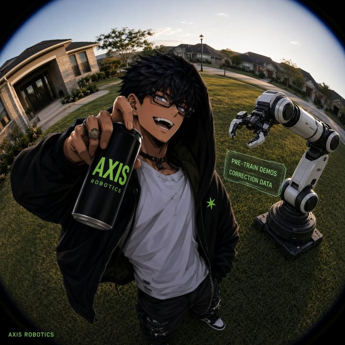 An anime-style character with messy black hair and glasses holding a black 'AXIS ROBOTICS' spray can, with a robotic arm labeled 'PRE-TRAIN DEMOS / CORRECTION DATA' beside him in a suburban neighborhood.