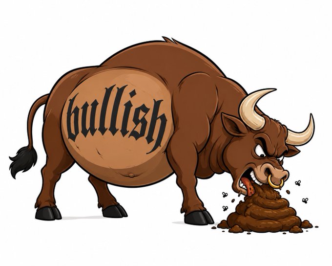 A cartoon illustration of an angry brown bull with the word 'bullish' tattooed on its side, aggressively eating a pile of dung with flies buzzing around.