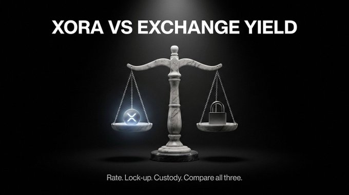 An image featuring a marble scale balancing a glowing XORA token against a padlock, illustrating a comparison between XORA and exchange yields. The text "XORA VS EXCHANGE YIELD" is displayed prominently at the top.