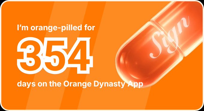 An orange-themed graphic featuring a glowing capsule labeled 'Sign' alongside bold white text reading, 'I'm orange-pilled for 354 days on the Orange Dynasty App.'