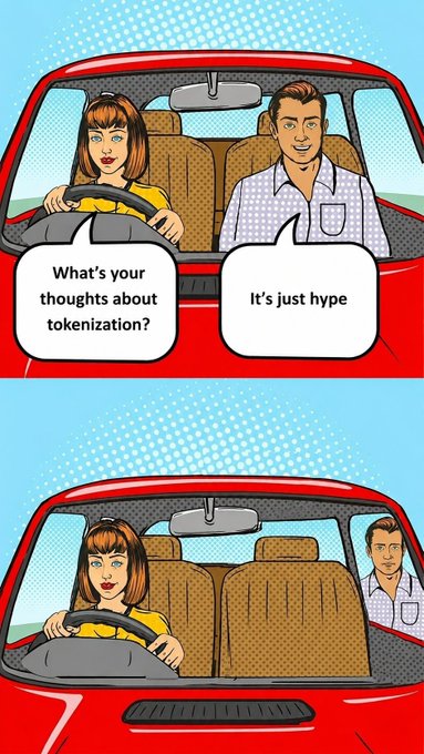 A two-panel pop-art comic showing a woman in a red car asking 'What's your thoughts about tokenization?' with a man responding 'It's just hype' in the top panel, followed by the bottom panel showing her driving alone after he exits the vehicle.