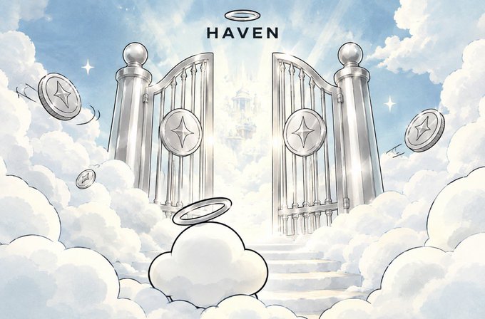 An illustration depicts ornate silver gates opening into a bright, heavenly city surrounded by fluffy white clouds and floating star-adorned coins, with the word 'HAVEN' displayed at the top.