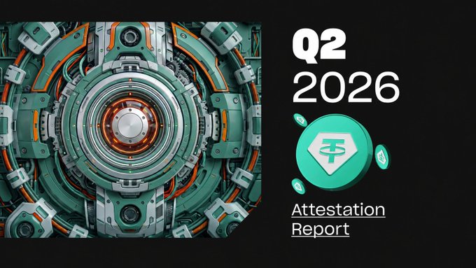 A graphic announcing a 'Q2 2026 Attestation Report' featuring a teal and orange mechanical design on the left and the USDC logo on the right.