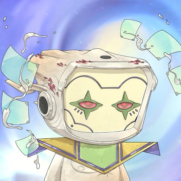A stylized drawing of a character wearing a white and green mask with star-shaped eyes, surrounded by floating shards.