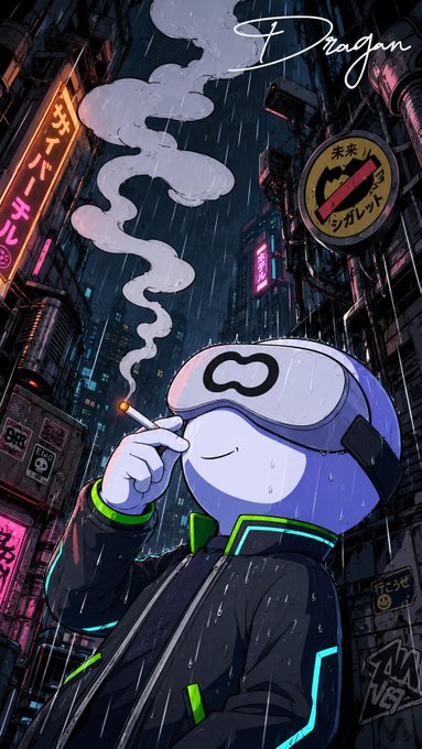 An anime-style digital illustration of a character wearing a white VR headset and futuristic jacket smoking a cigarette in a neon-lit, rainy cyberpunk cityscape, with 'Dragon' text and Japanese signage including '未来ノ' and 'シガレット'.