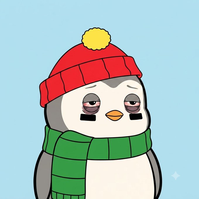 A cartoon illustration of a tired-looking penguin wearing a red beanie and green scarf, set against a light blue background with a small sparkle in the corner.