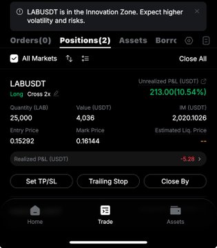 A cryptocurrency trading app screenshot showing a long position of 25,000 LABUSDT with an unrealized P&L of 213.00 (10.54%) and an estimated liquidation price of 2,020.1026.