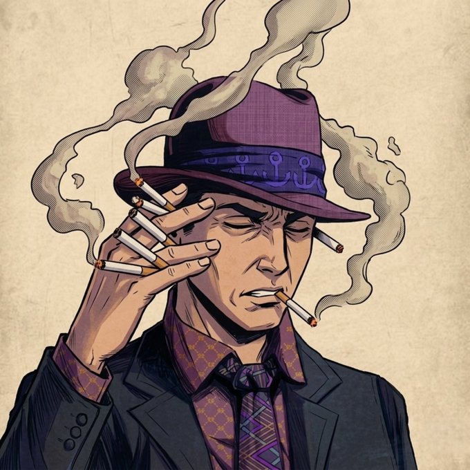 A stylish illustration of a man in a purple fedora, patterned shirt, and dark suit, holding cigarettes in one hand and smoking another, with swirling smoke around him — embodying the post's "don't stress over the charts" message of relaxed confidence amid volatility.