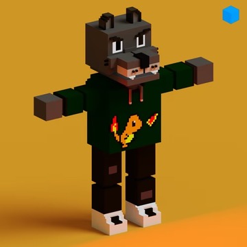 A Minecraft-style voxel character resembling a bear or dog wearing a green hoodie with an orange design stands in a T-pose against a solid orange background, with a small blue hexagon in the upper right corner.