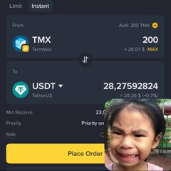 A mobile screenshot of a cryptocurrency trading interface showing a swap from TMX to USDT, with the TMX token displaying '200' and a 'Place Order' button in yellow.