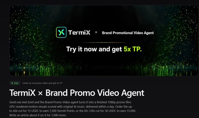 A promotional webpage banner reads "Termix x Brand Promotional Video Agent – Try it now and get 5x TP" with details about sending one text brief to generate a finished 1080p promo film with GPU-rendered visuals and AI music.