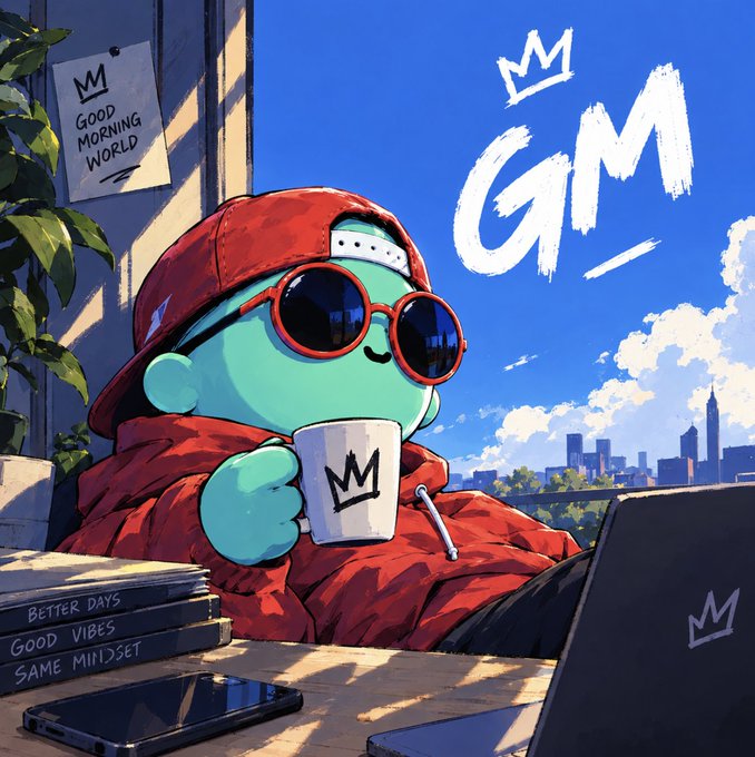A cartoon illustration of a teal character wearing a red backward cap, sunglasses, and a red hoodie, sipping from a mug with a crown logo; text reads 'GM', 'GOOD MORNING WORLD', and a nearby book shows 'BETTER DAYS, GOOD VIBES, SAME MINDSET'.