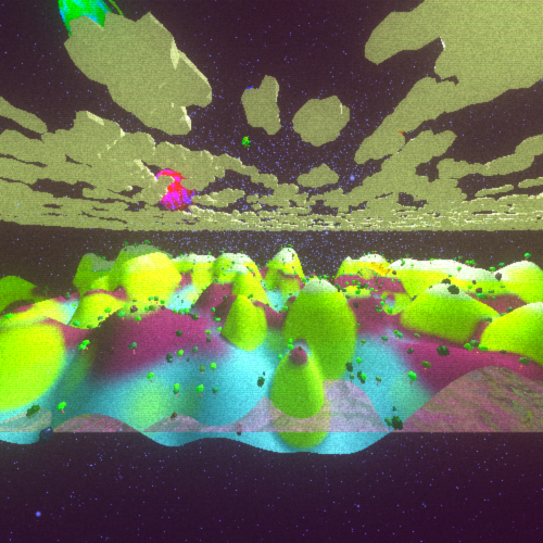 A surreal, AI-generated digital landscape featuring vibrant neon-green blob-like formations on a pink and blue terrain beneath a dark, starry sky with large pale cloud shapes and a small pink figure in the distance.
