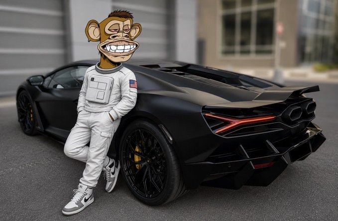 A digital composite showing a cartoon Bored Ape-style character dressed as an astronaut standing next to a matte black Lamborghini sports car.