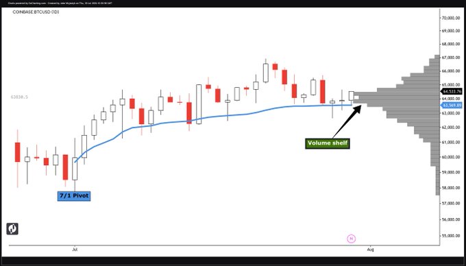 A Coinbase BTC/USD daily candlestick chart showing a blue 7/1 Pivot moving average line, with a horizontal "Volume shelf" (highlighted by a green label and arrow) forming near the $65,500–$66,500 price zone on the right side of the chart. The visualization directly supports the post's claim of a volume shelf setup, with the highlighted gray horizontal band indicating a key support area for Bitcoin.