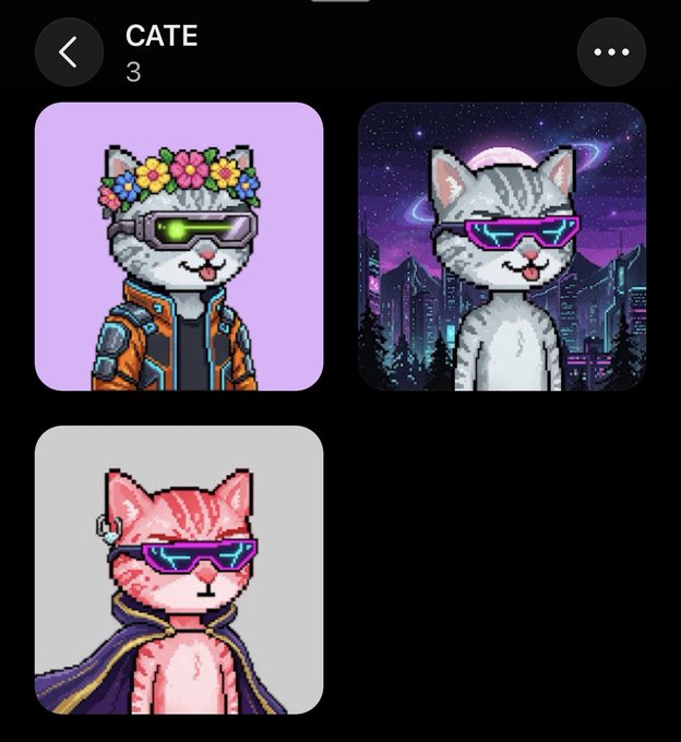 A mobile app screen displaying three pixel-art cat NFT avatars with sunglasses titled "CATE 3," including one with a flower crown, one against a space background, and one in a cape.