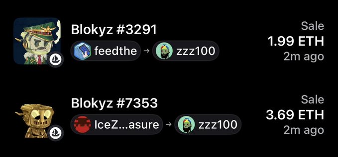 The image displays two recent Blokyz NFT sales on what appears to be a marketplace: Blokyz #3291 sold for 1.99 ETH by "feedthe" to "zzz100," and Blokyz #7353 sold for 3.69 ETH by "IceZ...asure" to "zzz100," both transactions occurring 2 minutes ago. This corresponds to the post celebrating two 1/1 OriginalBlokyz sales, highlighting the collector "zzz100" who acquired both rare pieces.