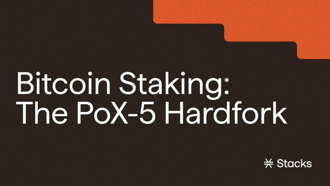 A dark brown title slide with red geometric accents reads 'Bitcoin Staking: The PoX-5 Hardfork' and features the Stacks logo.