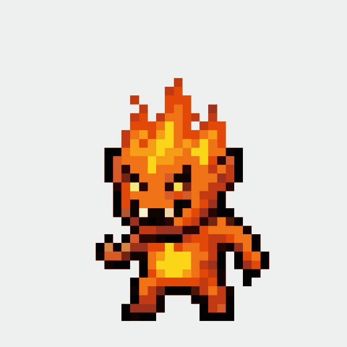 A pixel art sprite of a small fire creature with flames on its head and body, yellow eyes, and a red-orange color palette on a white background.