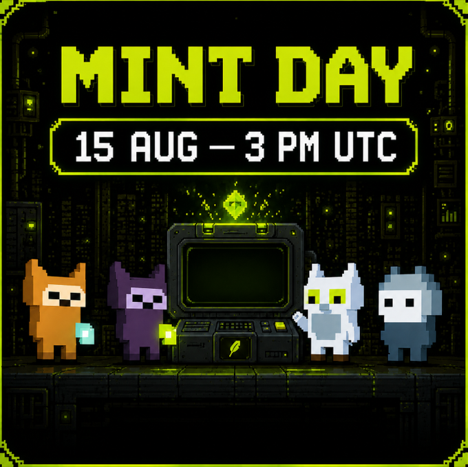 A pixel art graphic announcing "MINT DAY" on "15 AUG - 3 PM UTC" featuring four small characters and a retro computer terminal against a dark green technological background.